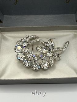 Vintage 1940s Signed Eisenberg Ice Clear Rhinestone Brooch Pin 2 Stunning Box