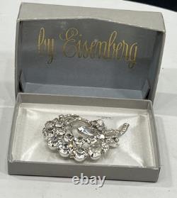 Vintage 1940s Signed Eisenberg Ice Clear Rhinestone Brooch Pin 2 Stunning Box