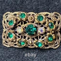 Vintage 1940s West German Filigree Brooch Emerald Green Rhinestones AB Marked