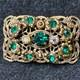 Vintage 1940s West German Filigree Brooch Emerald Green Rhinestones AB Marked