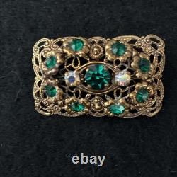 Vintage 1940s West German Filigree Brooch Emerald Green Rhinestones AB Marked
