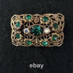 Vintage 1940s West German Filigree Brooch Emerald Green Rhinestones AB Marked