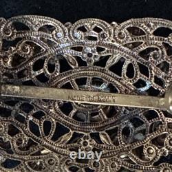 Vintage 1940s West German Filigree Brooch Emerald Green Rhinestones AB Marked