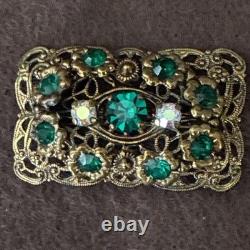 Vintage 1940s West German Filigree Brooch Emerald Green Rhinestones AB Marked