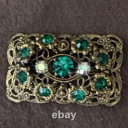 Vintage 1940s West German Filigree Brooch Emerald Green Rhinestones AB Marked