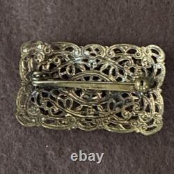 Vintage 1940s West German Filigree Brooch Emerald Green Rhinestones AB Marked