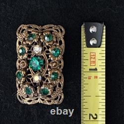 Vintage 1940s West German Filigree Brooch Emerald Green Rhinestones AB Marked