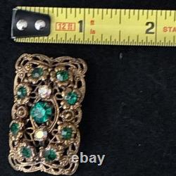 Vintage 1940s West German Filigree Brooch Emerald Green Rhinestones AB Marked
