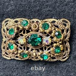 Vintage 1940s West German Filigree Brooch Emerald Green Rhinestones AB Marked