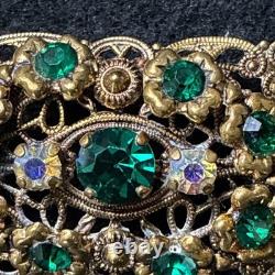 Vintage 1940s West German Filigree Brooch Emerald Green Rhinestones AB Marked