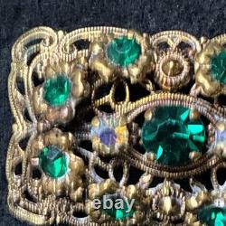Vintage 1940s West German Filigree Brooch Emerald Green Rhinestones AB Marked