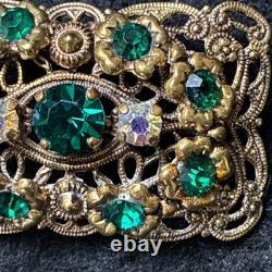 Vintage 1940s West German Filigree Brooch Emerald Green Rhinestones AB Marked