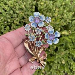 Vintage 1942 Coro Adolph Katz Blue Enamel Flowers Brooch Rhinestone Floral Pin