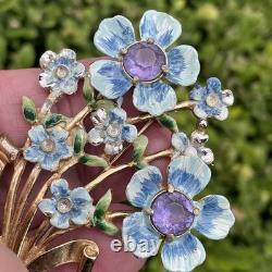 Vintage 1942 Coro Adolph Katz Blue Enamel Flowers Brooch Rhinestone Floral Pin