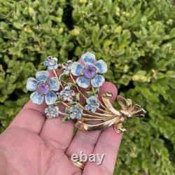 Vintage 1942 Coro Adolph Katz Blue Enamel Flowers Brooch Rhinestone Floral Pin
