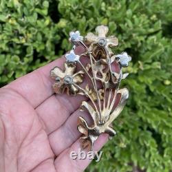 Vintage 1942 Coro Adolph Katz Blue Enamel Flowers Brooch Rhinestone Floral Pin