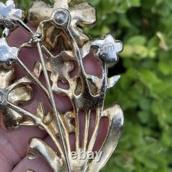 Vintage 1942 Coro Adolph Katz Blue Enamel Flowers Brooch Rhinestone Floral Pin