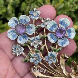 Vintage 1942 Coro Adolph Katz Blue Enamel Flowers Brooch Rhinestone Floral Pin