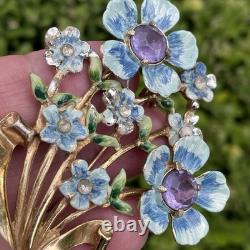 Vintage 1942 Coro Adolph Katz Blue Enamel Flowers Brooch Rhinestone Floral Pin