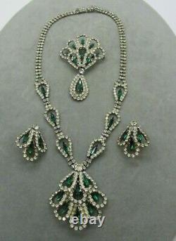 Vintage 1950 Signed HOBE Emerald Green Rhinestone Necklace Brooch Earrings Set
