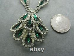 Vintage 1950 Signed HOBE Emerald Green Rhinestone Necklace Brooch Earrings Set