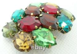 Vintage 1950s Brooch Lapel Pin Rhinestone Cluster Dome Multicolor Glass Brass