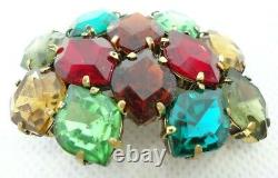Vintage 1950s Brooch Lapel Pin Rhinestone Cluster Dome Multicolor Glass Brass