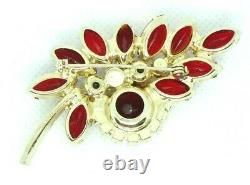 Vintage 1950s Brooch Lapel Pin leaf Red Navettes AB Rhinestones Gold Tone Metal