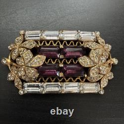 Vintage 1950s Purple Rhinestone Baguette Floral Brooch Gold Tone Statement Pin