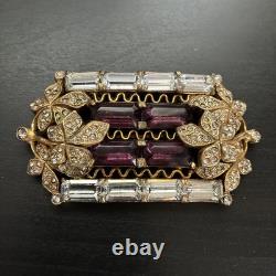 Vintage 1950s Purple Rhinestone Baguette Floral Brooch Gold Tone Statement Pin