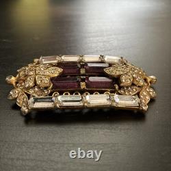 Vintage 1950s Purple Rhinestone Baguette Floral Brooch Gold Tone Statement Pin