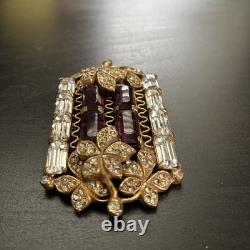 Vintage 1950s Purple Rhinestone Baguette Floral Brooch Gold Tone Statement Pin