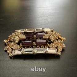 Vintage 1950s Purple Rhinestone Baguette Floral Brooch Gold Tone Statement Pin