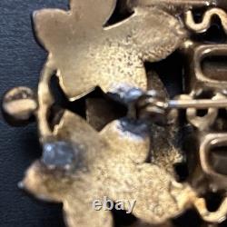 Vintage 1950s Purple Rhinestone Baguette Floral Brooch Gold Tone Statement Pin