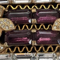 Vintage 1950s Purple Rhinestone Baguette Floral Brooch Gold Tone Statement Pin