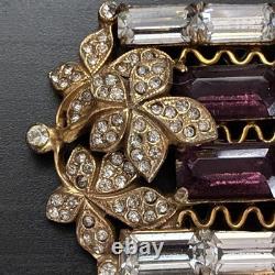 Vintage 1950s Purple Rhinestone Baguette Floral Brooch Gold Tone Statement Pin