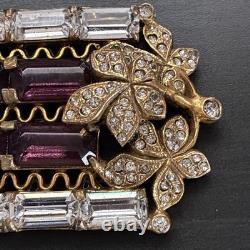 Vintage 1950s Purple Rhinestone Baguette Floral Brooch Gold Tone Statement Pin Vintage 1950s Purple Rhinestone Baguette Floral Brooch Gold Tone Statement Pin