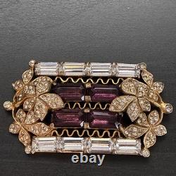 Vintage 1950s Purple Rhinestone Baguette Floral Brooch Gold Tone Statement Pin