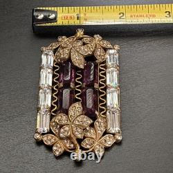 Vintage 1950s Purple Rhinestone Baguette Floral Brooch Gold Tone Statement Pin