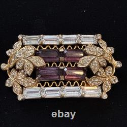 Vintage 1950s Purple Rhinestone Baguette Floral Brooch Gold Tone Statement Pin