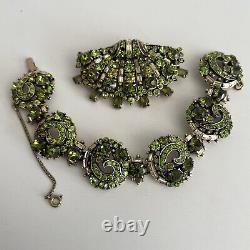 Vintage 1955 Hollycraft Peridot Rhinestone Jeweled Scallop Brooch & Bracelet Set