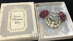 Vintage 1959 Christian Dior Brooch Rhinestone Pearl Mint Condition Original Box