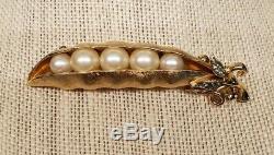 Vintage 1960's Signed CROWN TRIFARI PEA POD Pearls Pin Brooch Brushed Gold Tone