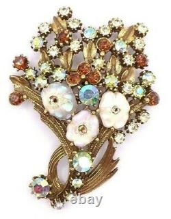 Vintage 1960s Florenza Brooch Pin Floral Bouquet AB Rhinestones Brass Tone Metal