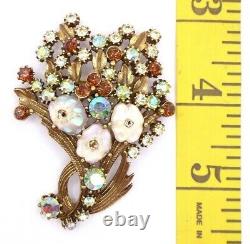 Vintage 1960s Florenza Brooch Pin Floral Bouquet AB Rhinestones Brass Tone Metal