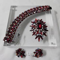 Vintage 1960s Sherman Siam Red Brooch, Bracelet, And Earrings Parure Verified