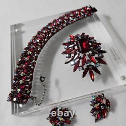 Vintage 1960s Sherman Siam Red Brooch, Bracelet, And Earrings Parure Verified