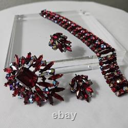 Vintage 1960s Sherman Siam Red Brooch, Bracelet, And Earrings Parure Verified
