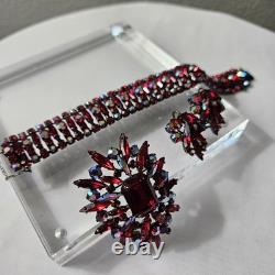Vintage 1960s Sherman Siam Red Brooch, Bracelet, And Earrings Parure Verified