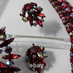 Vintage 1960s Sherman Siam Red Brooch, Bracelet, And Earrings Parure Verified